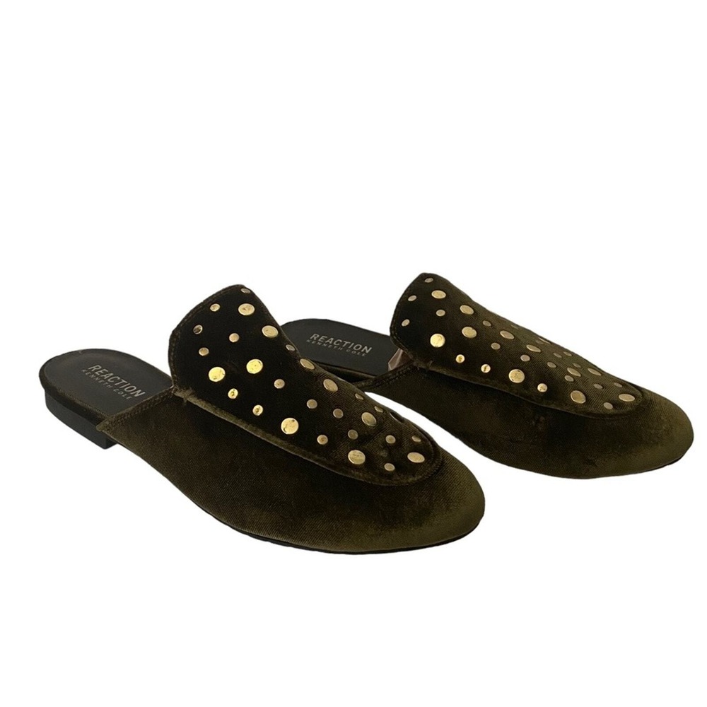 Kenneth Cole Wyatt Mules Womens 8M Olive Green Velvet Studded Flat Shoes